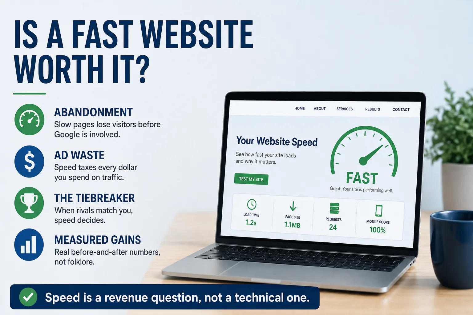 Infographic: the business case for a fast website - abandonment, ad waste, the ranking tiebreaker, and measured gains