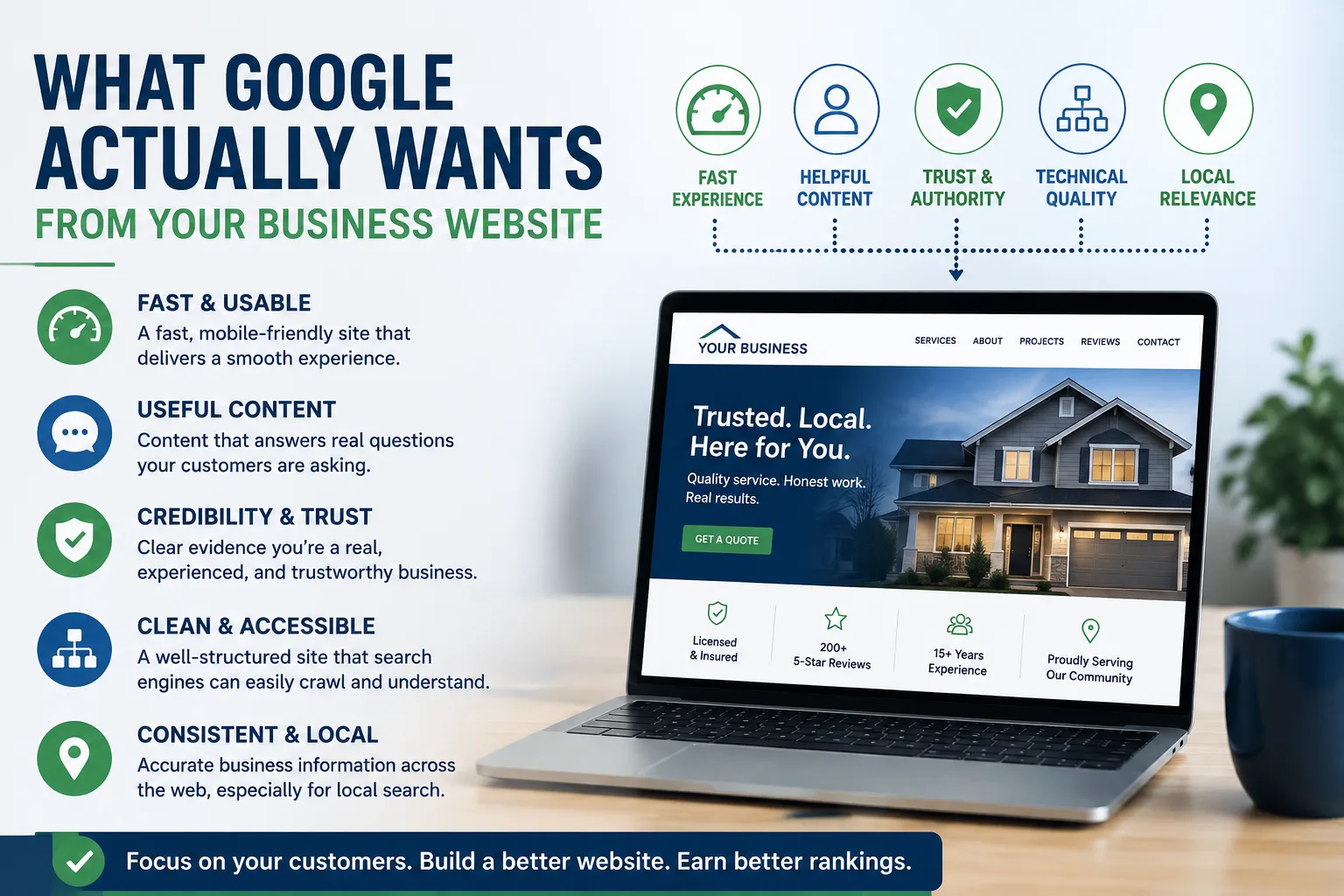 Infographic: what Google actually wants from your business website — a fast experience, helpful content, trust and authority, technical quality, and local relevance