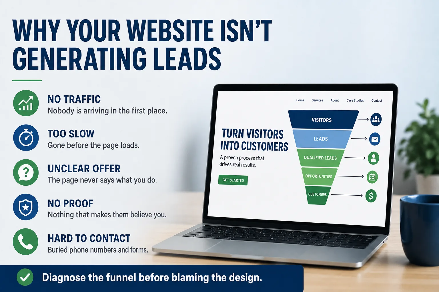 Infographic: why your website is not generating leads - no traffic, too slow, unclear offer, no proof, and hard to contact